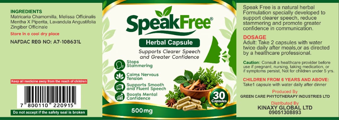 SpeakFree product label with ingredients, dosage and cautions